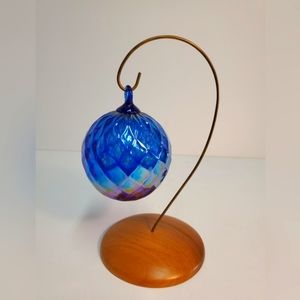 Iridescent Blue Glass Ornament with Stand